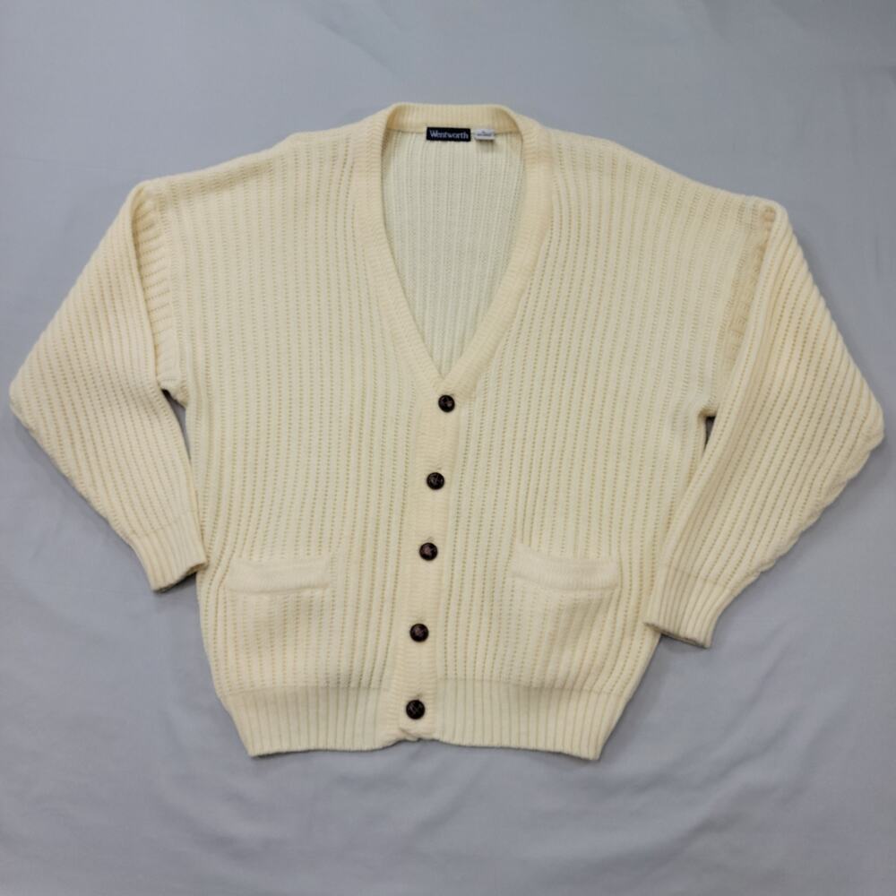 Wentworth Men’s XL Cream Ribbed Knit Cardigan Sweater Retro Preppy Old Money
